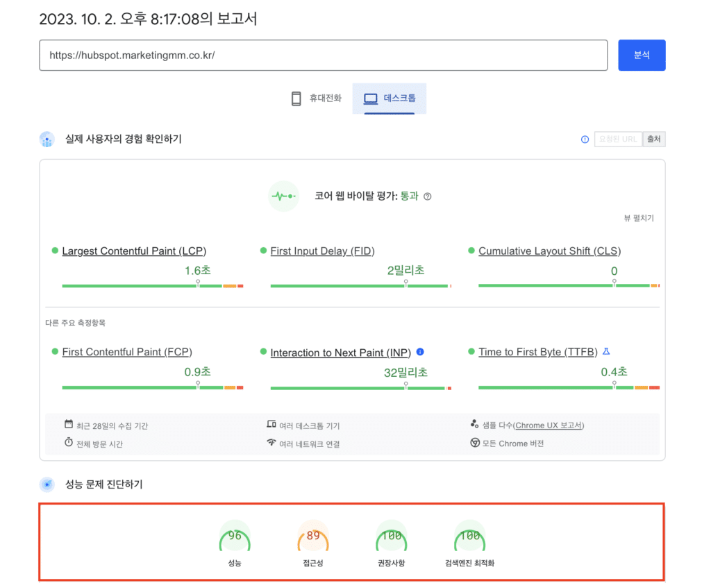구글 페이지 스피드 인싸이트 조회화면