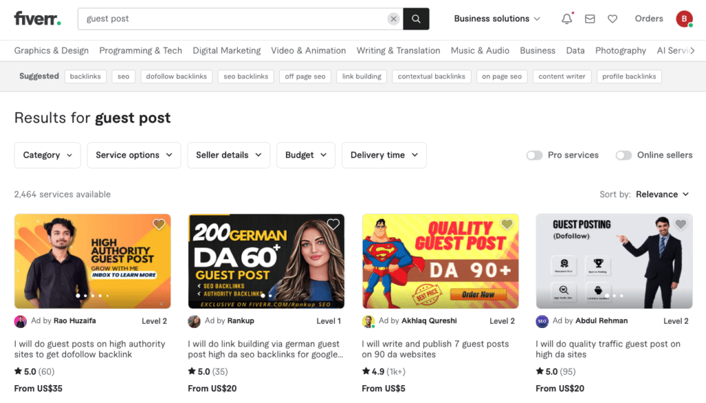 게스트포스트를 의뢰 할 수 있는 "fiverr"